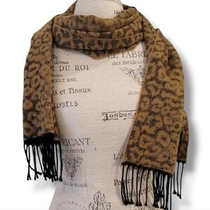 Cejon Tan And Brown Animal Printed Italian Tasseled Scarf - OS